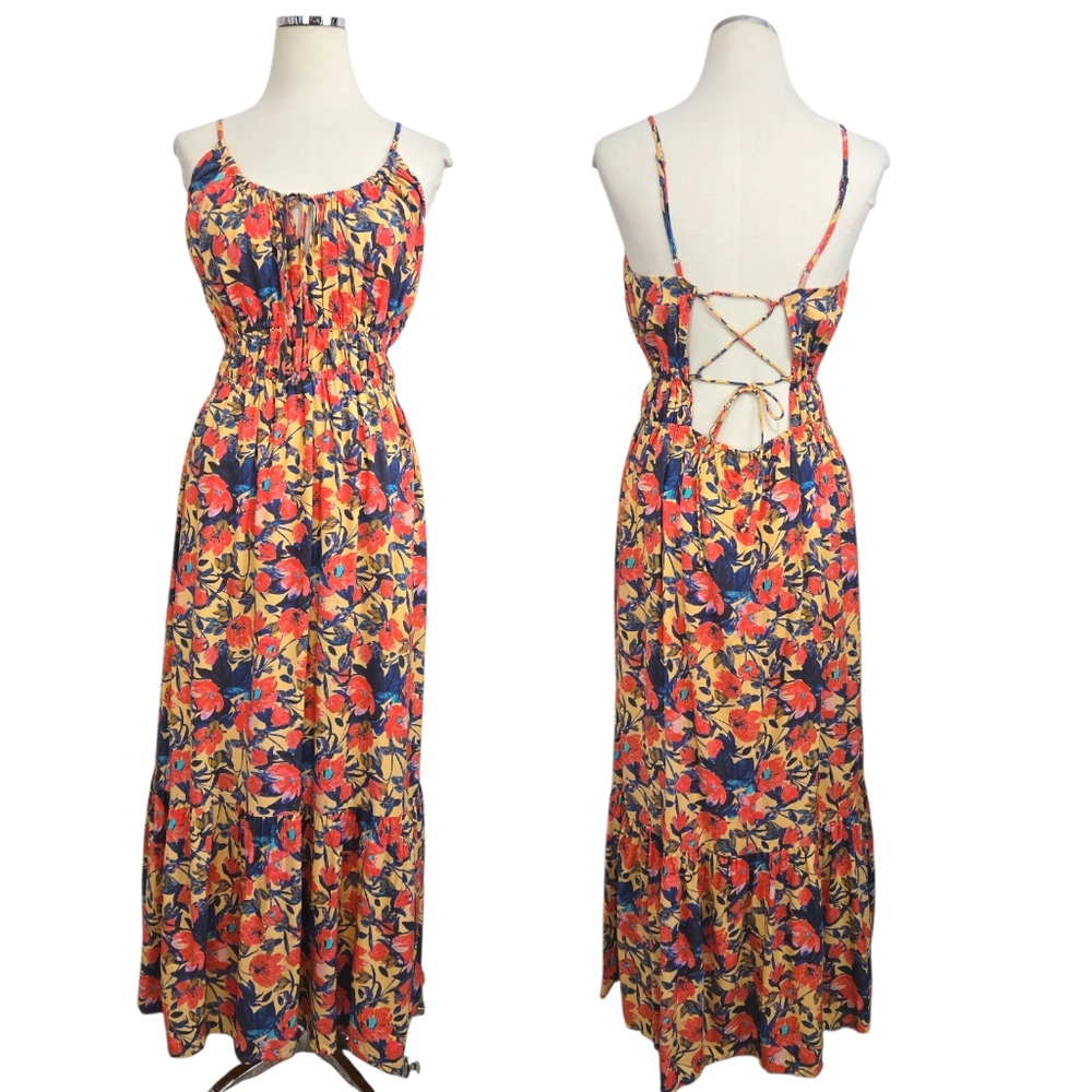 4SI3NNA Marieta Floral Maxi Dress Large Yellow Blue Boho Lace Up Back Sundress